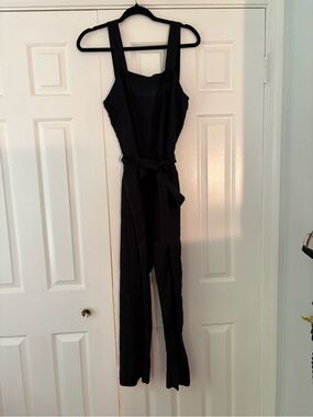 Quince Black Sleeveless Wide-Leg Linen Jumpsuit with Waist Tie